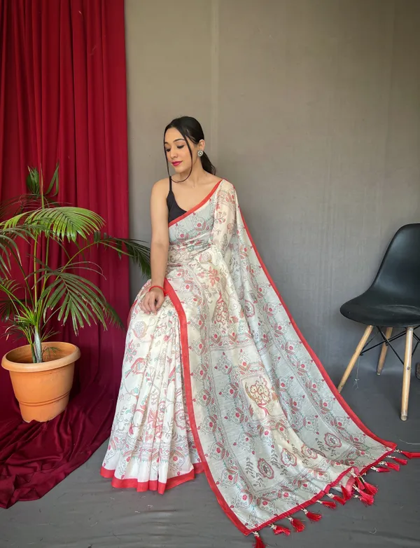 white_&_Red_Pure_Malai_Cotton_Sarees_With_Katha_Print_Work_With_Blouse_Piece_Attached